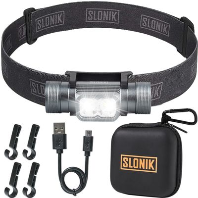 SLONIK Rechargeable Headlamp for Adults - 1000 Lumens Super Bright 60 ft Beam LED Flashlight - Lightweight, Heavy-Duty, IPX4 Waterproof Hard Hat Light - Camping Gear, Running Headlight, Black