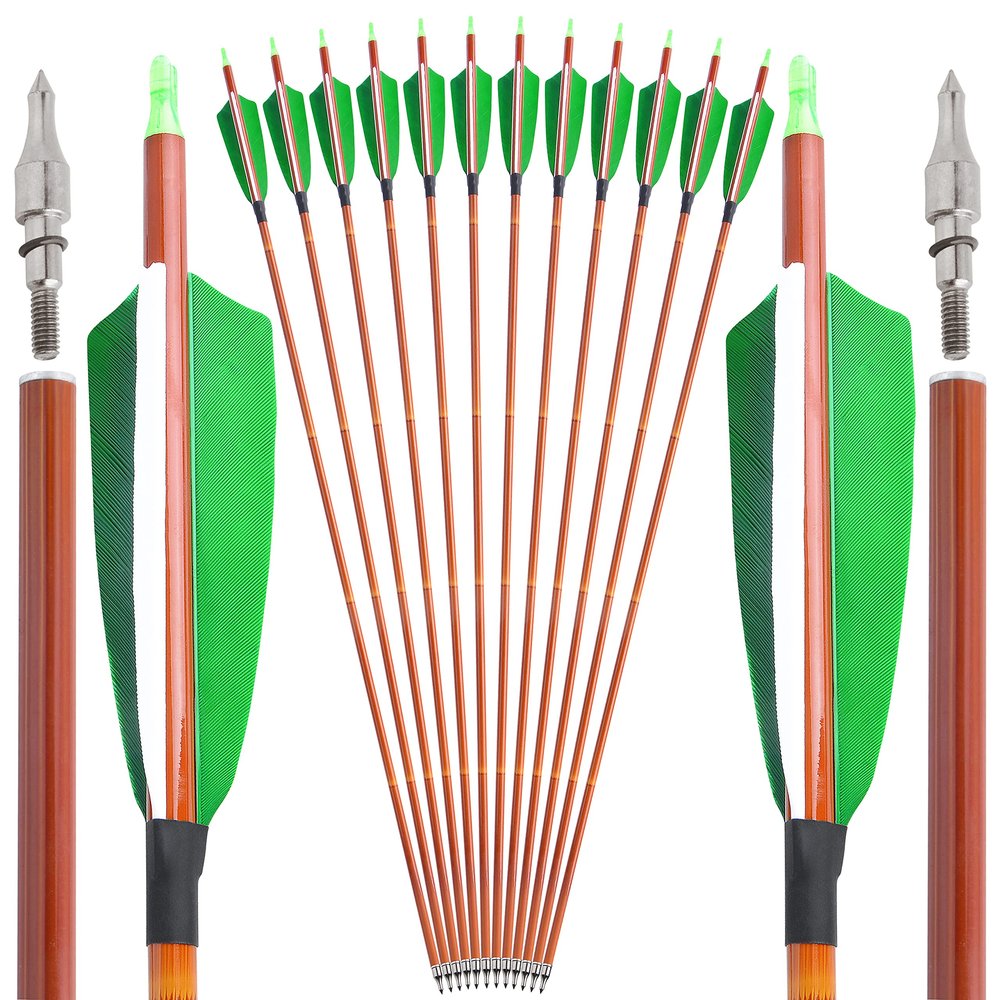 AMEYXGS 30inch Carbon Arrows Hunting Aiming Practice Arrows Spine 500 with 4inch Shield Turkey Feather Detachable Arrowhead for Recurve Compound Bow Longbow 12pcs (12Pcs Green)