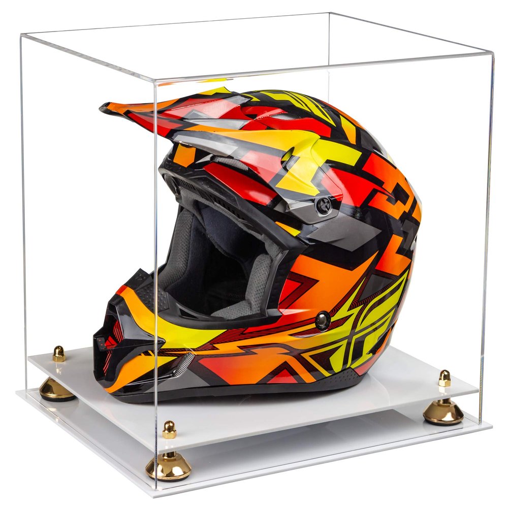 Better Display Cases Clear Acrylic Motorcycle Motocross or Racing Helmet Display Case with Gold Risers and White Base (A024-GR)