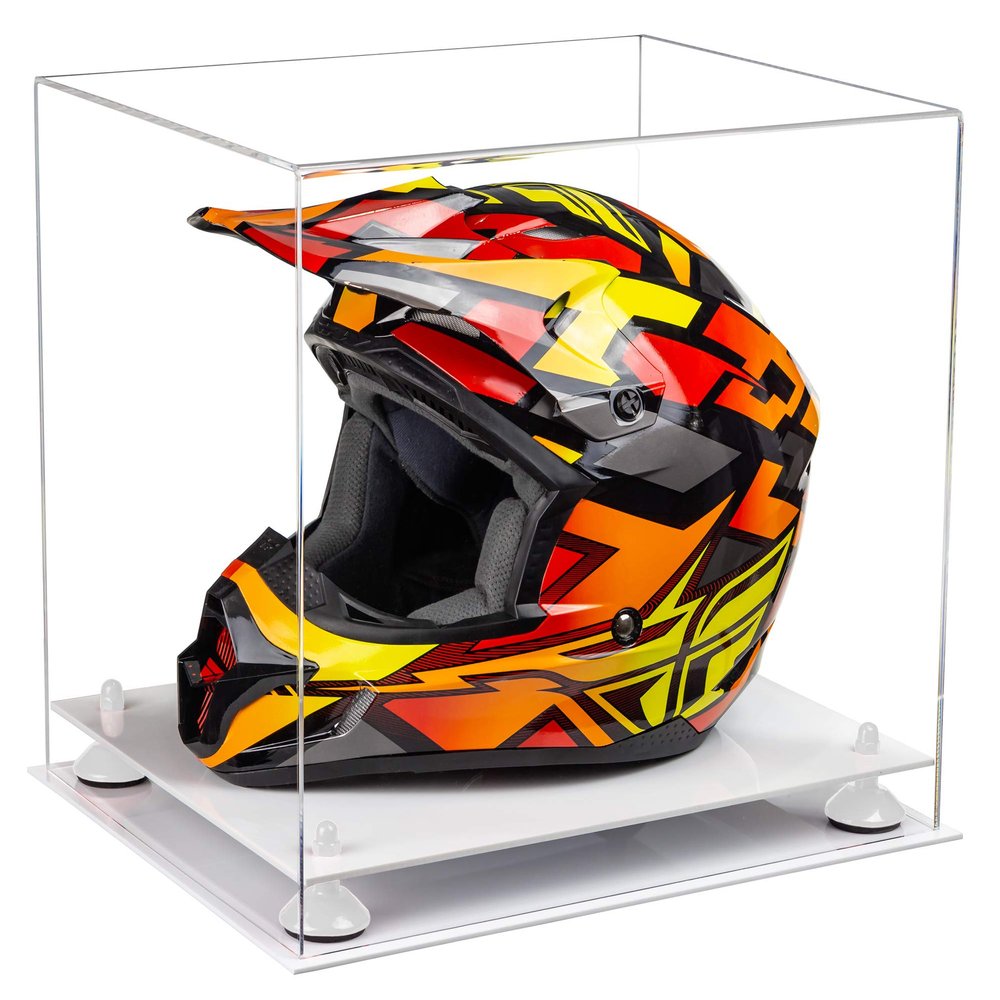 Better Display Cases Clear Acrylic Motorcycle Motocross or Racing Helmet Display Case with White Risers and White Base (A024-WR)