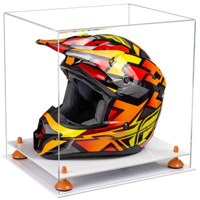 Better Display Cases Clear Acrylic Motorcycle Motocross or Racing Helmet Display Case with Orange Risers and White Base (A024-OR)