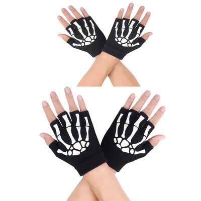 10AGIRL Halloween Skeleton Gloves Warm Fingerless Christmas Costume Cosplay Accessories Glow in the Dark Knit Gloves Unisex
