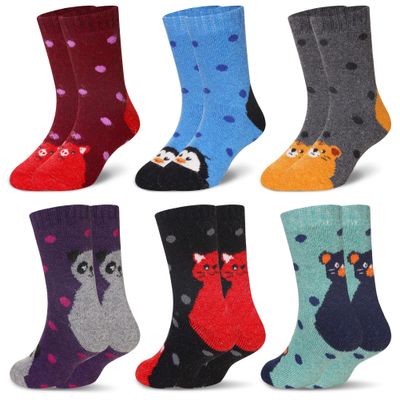Eocom Kids Wool Socks For Boys Girls Warm Hiking Thermal Winter Cozy Soft Thick Toddlers Crew Boot Socks 6 Pairs(Dot Animal, 8-12 Years)