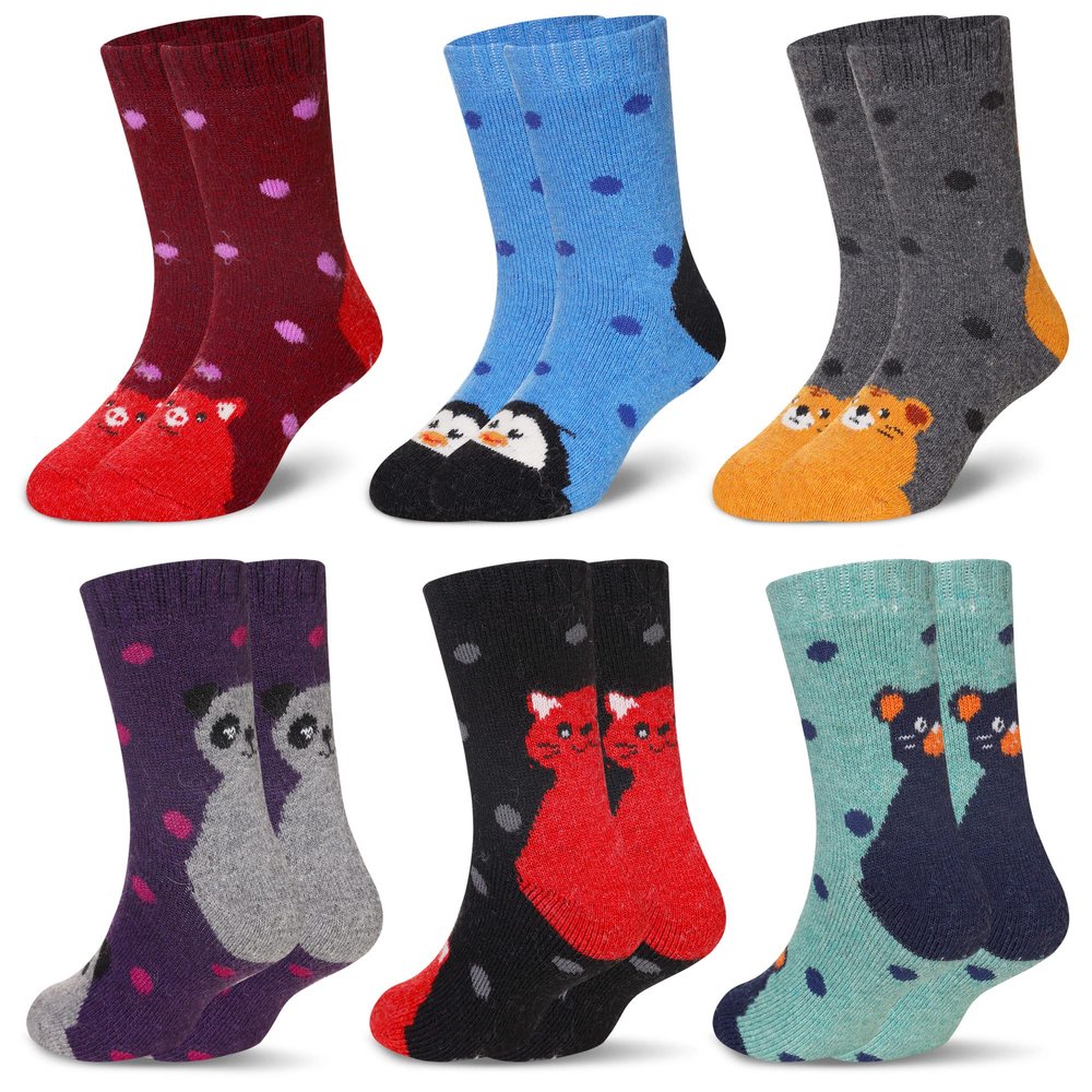 Eocom Kids Wool Socks For Boys Girls Warm Hiking Thermal Winter Cozy Soft Thick Toddlers Crew Boot Socks 6 Pairs(Dot Animal, 8-12 Years)