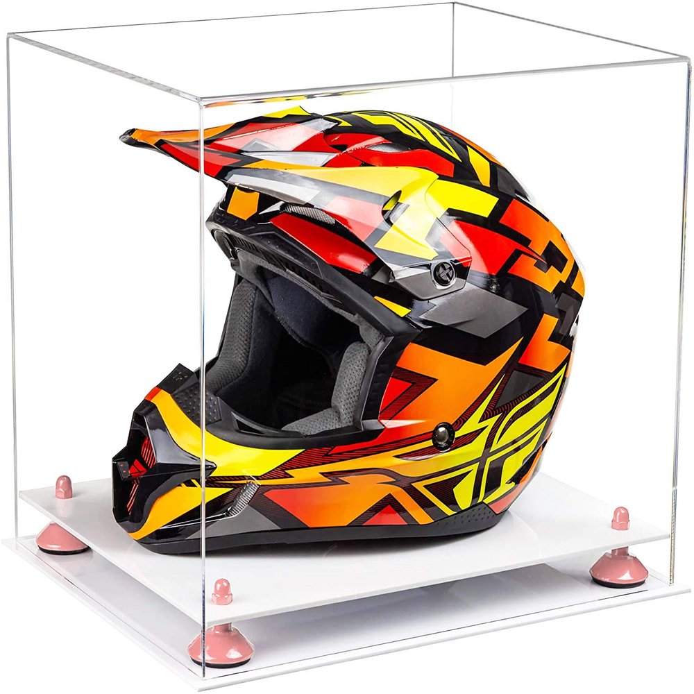 Better Display Cases Clear Acrylic Motorcycle Motocross or Racing Helmet Display Case with Pink Risers and White Base (A024-PNR)