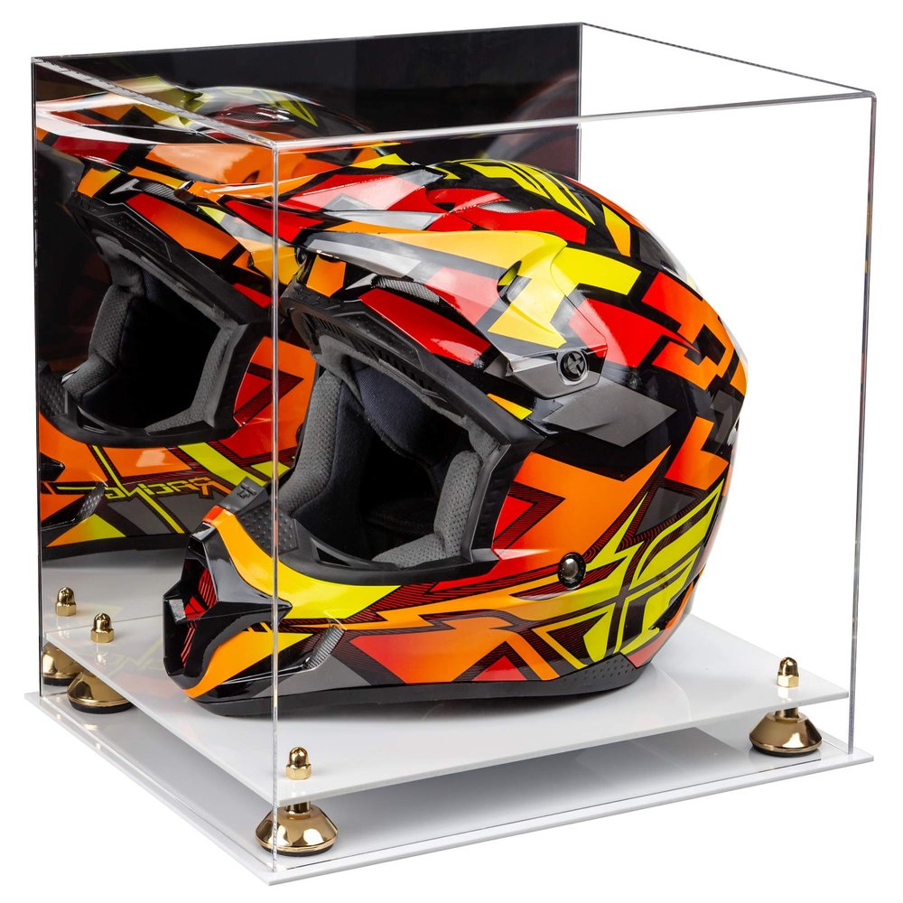 Better Display Cases Acrylic Motorcycle Motocross or Racing Helmet Display Case with Mirror, Gold Risers and White Base (A024-GR)