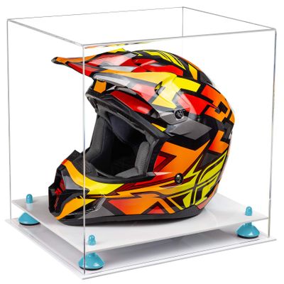 Better Display Cases Clear Acrylic Motorcycle Motocross or Racing Helmet Display Case with Blue Risers and White Base (A024-BLR)
