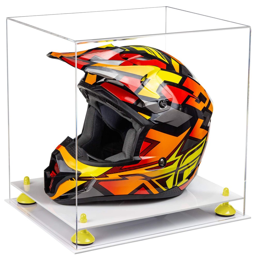 Better Display Cases Clear Acrylic Motorcycle Motocross or Racing Helmet Display Case with Yellow Risers and White Base (A024-YR)