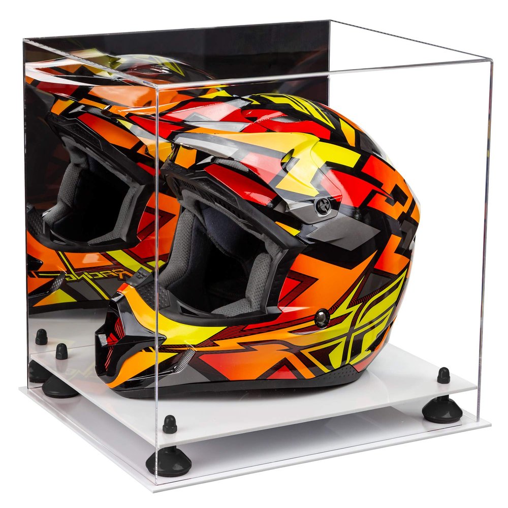 Better Display Cases Acrylic Motorcycle Motocross or Racing Helmet Display Case with Mirror, Black Risers and White Base (A024-BR)