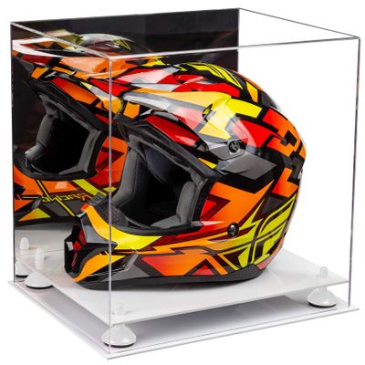 Better Display Cases Acrylic Motorcycle Motocross or Racing Helmet Display Case with Mirror, White Risers and White Base (A024-WR)
