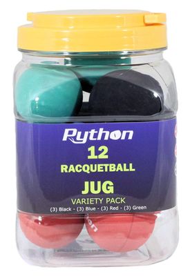 Python Variety Pack Racquetball(Jug) (12 Balls)(3-Black,3-Blue,3-Red, 3-Green)