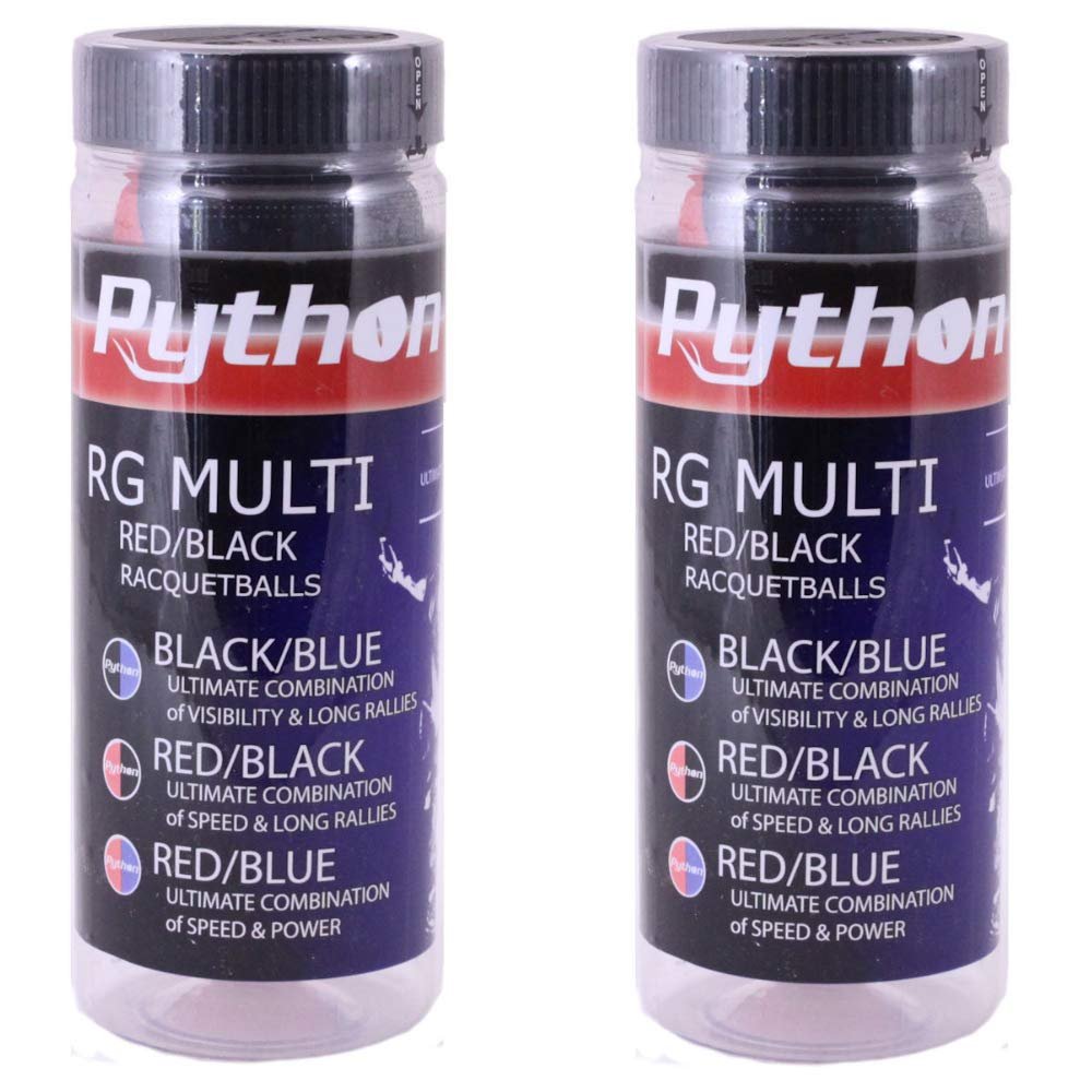 Python 3 Ball Can RG Multi Colored Racquetballs (Endorsed by Racquetball Legend Ruben Gonzalez!) (2-Cans/Packs, 6-Balls) (Black/Red)