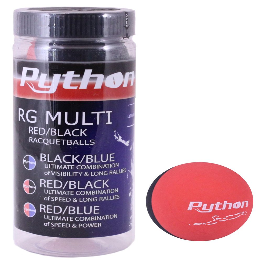 Python 3 Ball Can RG Multi Colored Racquetballs (Endorsed by Racquetball Legend Ruben Gonzalez!) (1-Can/Pack, 3-Balls) (Black/Red)