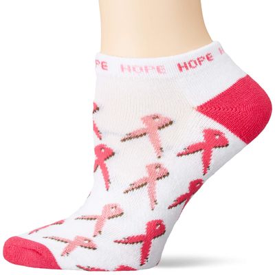 K BELL Women's Pop Culture Novelty No Show Low Cut Socks, Allover Pink Ribbon (White), Shoe Size: 4-10