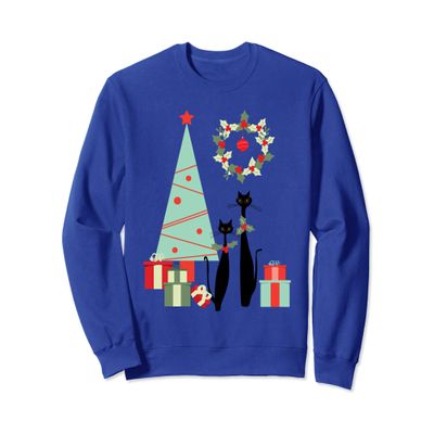 Atomic Era Mid Century Modern Cool Cat Pair Christmas Tree Sweatshirt