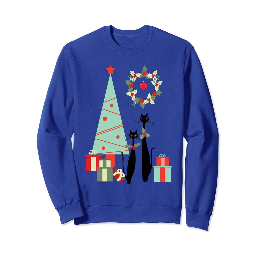 Atomic Era Mid Century Modern Cool Cat Pair Christmas Tree Sweatshirt