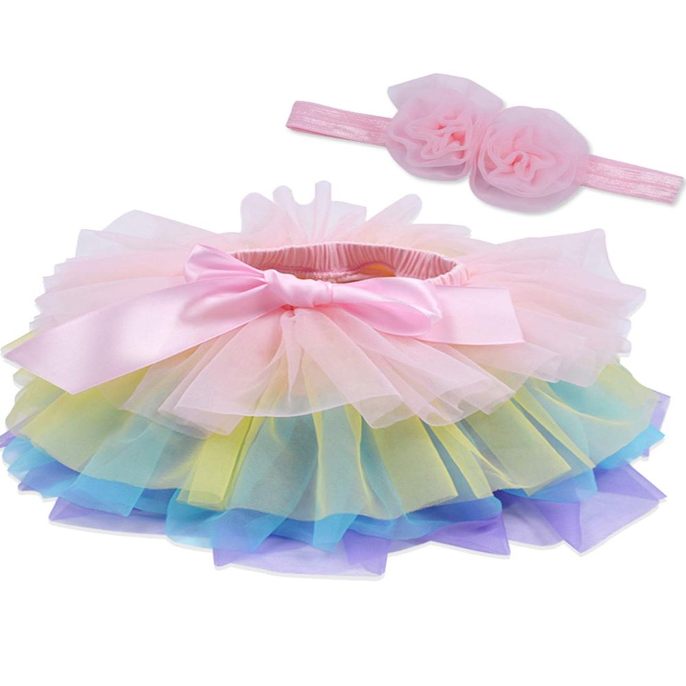 Baby Girls Tutu Bloomers Diaper Cover Cotton Tulle Bloomers and Headband Set Rainbow 3-6 Months