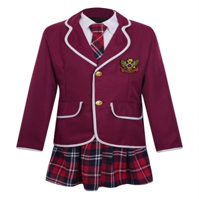 JEATHA Kids Girls Long Sleeves British Style School Uniforms Anime Cosplay Shirt Blazer with Tie Plaid Mini Skirt Set Burgundy 12-14