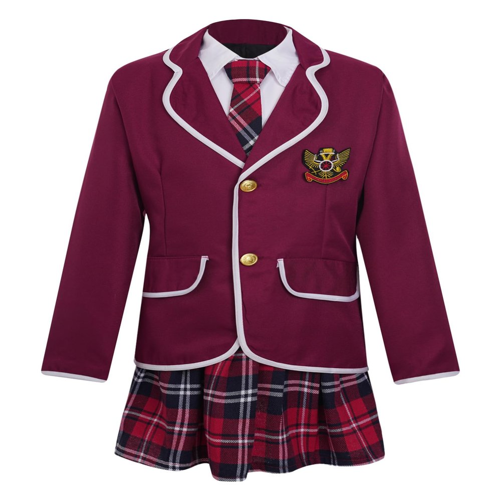 JEATHA Kids Girls Long Sleeves British Style School Uniforms Anime Cosplay Shirt Blazer with Tie Plaid Mini Skirt Set Burgundy 12-14