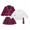 JEATHA Kids Girls Long Sleeves British Style School Uniforms Anime Cosplay Shirt Blazer with Tie Plaid Mini Skirt Set Burgundy 12-14 view 3