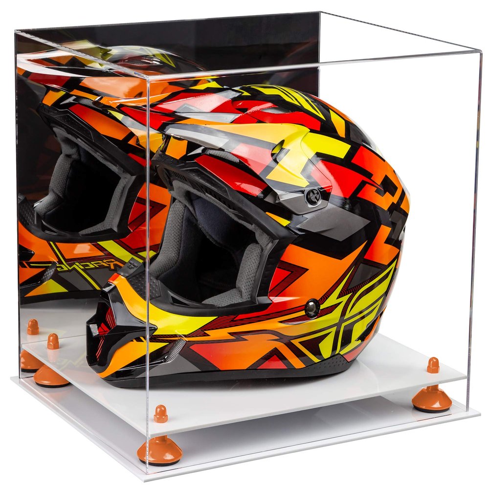 Better Display Cases Acrylic Motorcycle Motocross or Racing Helmet Display Case with Mirror, Orange Risers and White Base (A024-OR)
