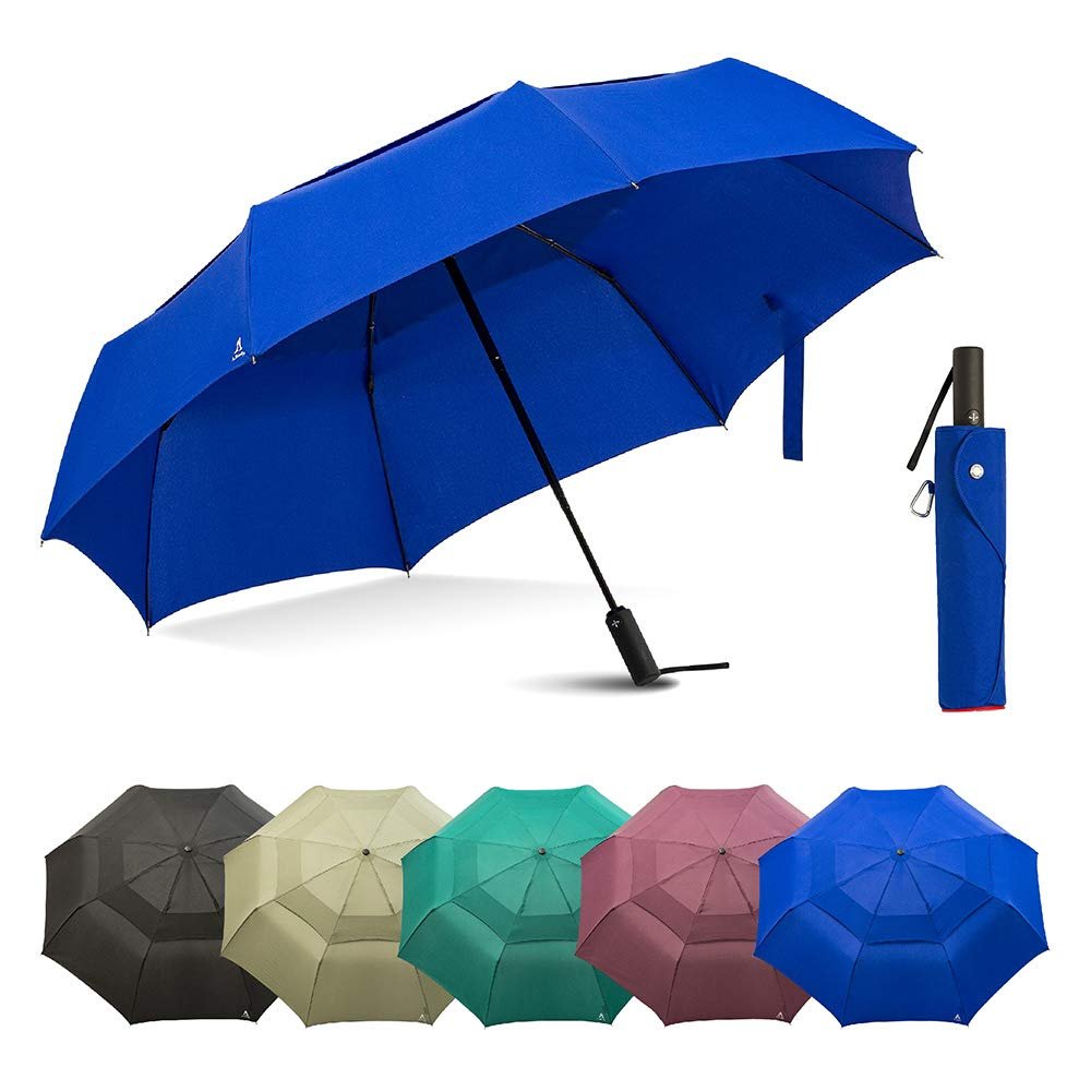 Portobello Large Travel Umbrella Folds Into Portable Travel Size - 54 Inch Double Vented Canopy Big Enough To Fit In 2 Adults - Auto Open Close Umbrellas for Rain Large Size (Blue)