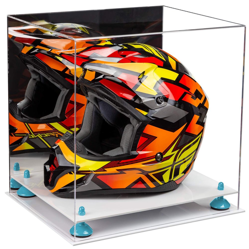 Better Display Cases Acrylic Motorcycle Motocross or Racing Helmet Display Case with Mirror, Blue Risers and White Base (A024-BLR)