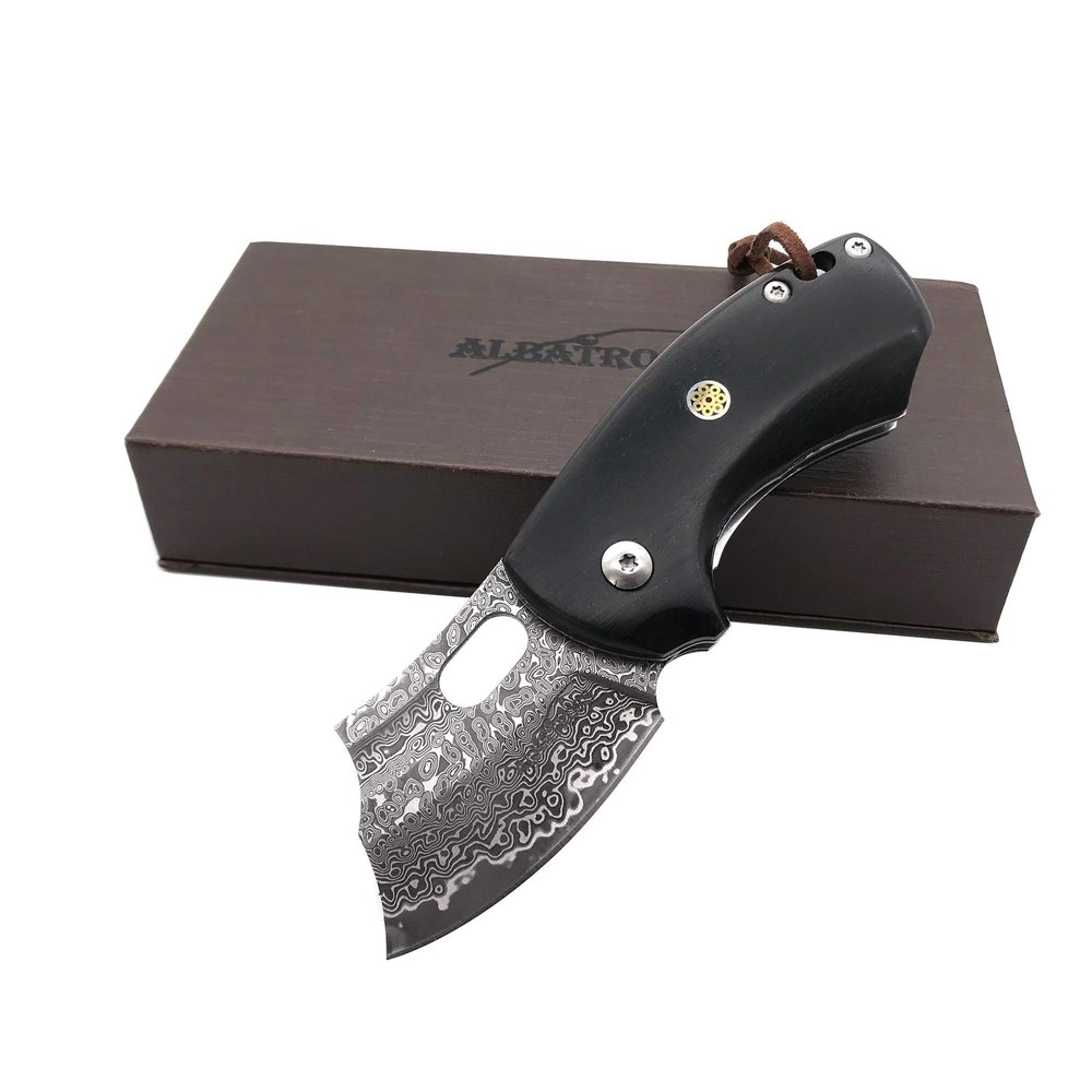 ALBATROSS Premium Folding Pocket Knife - EDC Mini VG10 Damascus Steel with 2" Blade - Ebony Wood Handle - Compact Outdoor Camping Knife with Gift Box - HGDK024
