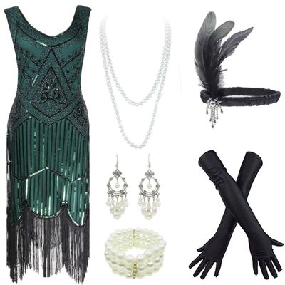 20s Flapper Gatsby Sequin Beaded Evening Cocktail Dress with Accessories Set (X-Large, Style03-Black&Green)