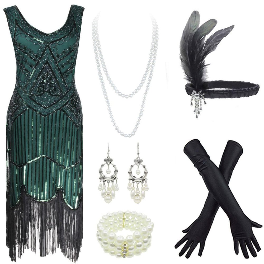 20s Flapper Gatsby Sequin Beaded Evening Cocktail Dress with Accessories Set (X-Large, Style03-Black&Green)