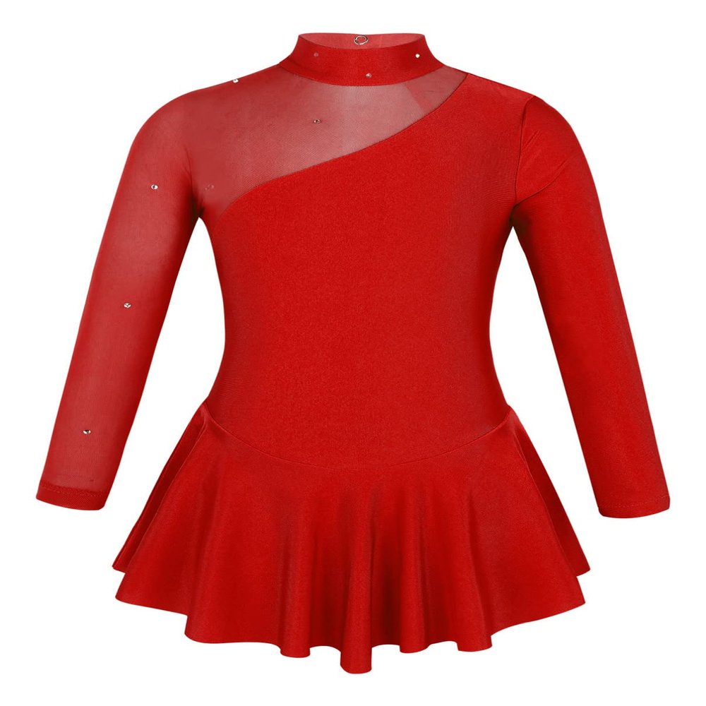 winying Girls Mock Neck Long Sleeves Tulle Splice Cut Out Back Roller Ice Figure Skating Dress Ballet Dancewear Red 6
