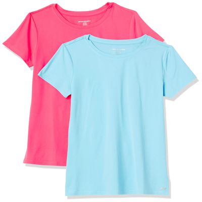 Amazon Essentials Women's Active Quick Dry Tech Stretch Workout Gym Short-Sleeve Crewneck T-Shirt, Pack of 2, Blue/Neon Pink, XX-Large