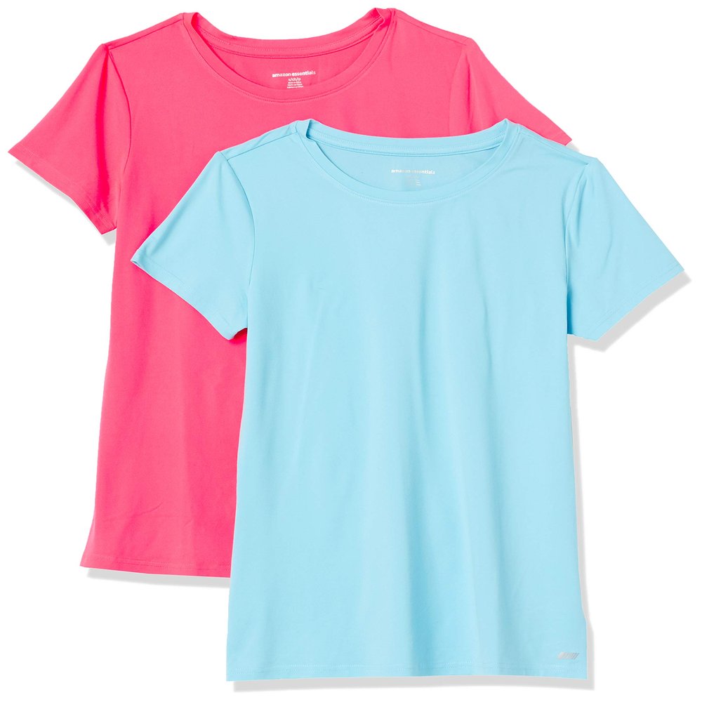 Amazon Essentials Women's Active Quick Dry Tech Stretch Workout Gym Short-Sleeve Crewneck T-Shirt, Pack of 2, Blue/Neon Pink, XX-Large
