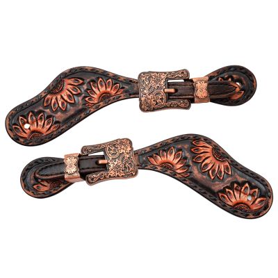 Circle Y Ladies/Youth Sunflower Vintage Spur Straps for Western Riding Boots | Floral Hand Tooled Leather, Stainless Steel Engraved Hardware | Equestrian/Rodeo Tack Accessories (X0710-1001)