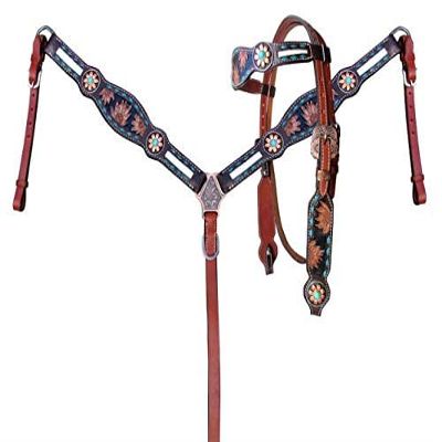 Showman Sunflower Tooled Leather Headstall & Breast Collar Set w/Cowhide Inlays & Reins