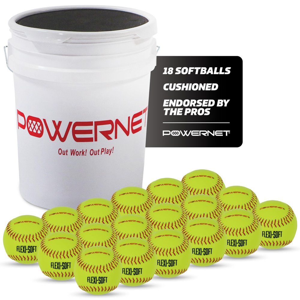 PowerNet Flexi-Soft Softball Bundle, Padded Softball Bucket with 18 11-Inch Practice Balls, Portable Pitching & Batting Practice Equipment Soft Balls