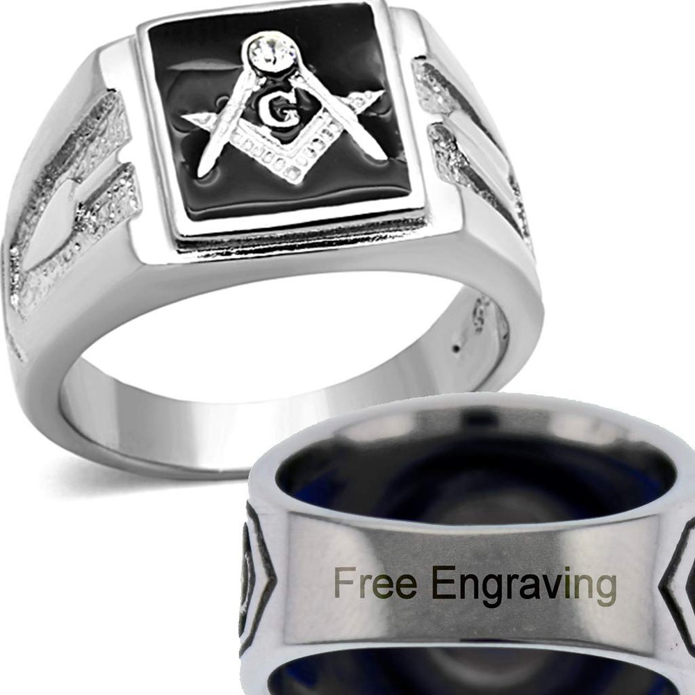 YVO Men's Personalized Stainless Steel Masonic Lodge Freemason Ring - Stainless Steel - Size 9