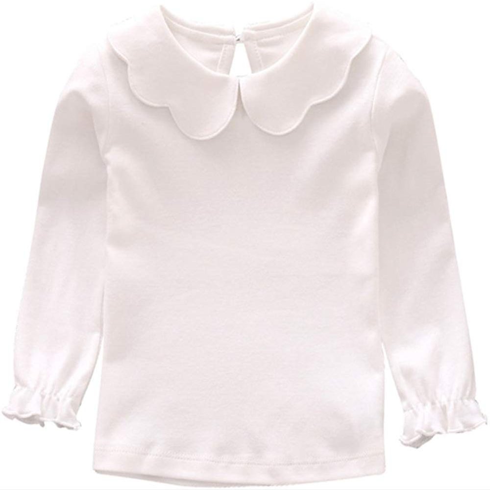 Baby Girl Kids Blouses Long Sleeves Solid Color Doll Collar T-Shirt Top Bottom (White, 5-6T)
