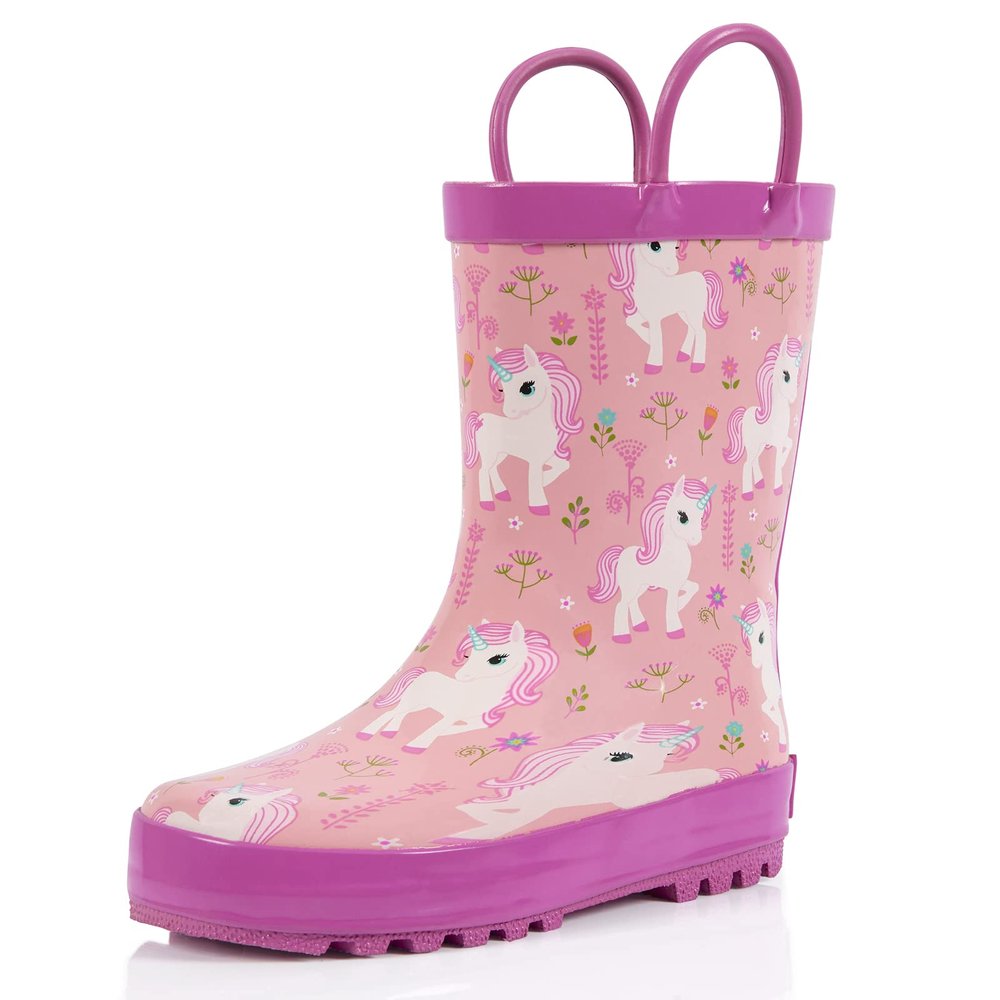 landchief Toddler Rain Boots, Little and Big Kids Waterproof Rubber Boots for Girls and Boys with Animal Print, Size 6, Pink Unicorn