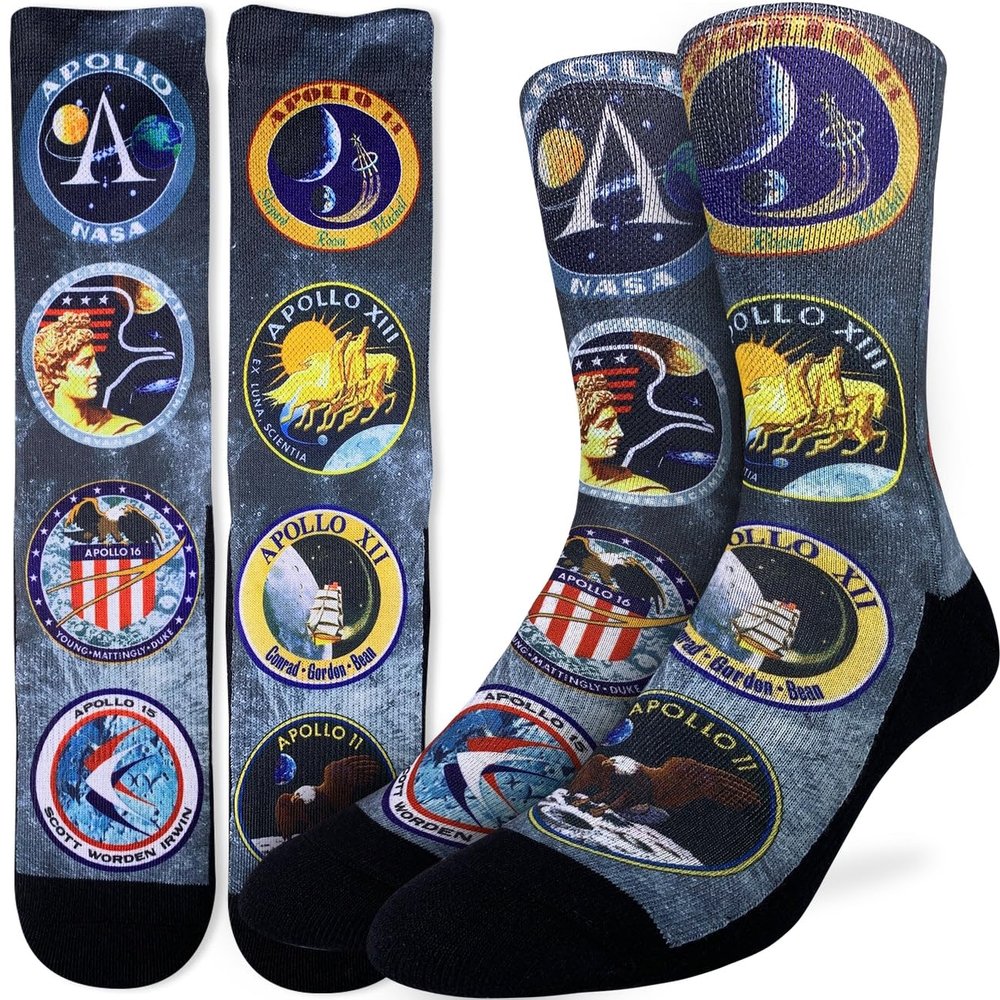Good Luck Sock Men's Apollo Mission Patches Socks, Adult, Shoe Size 8-13