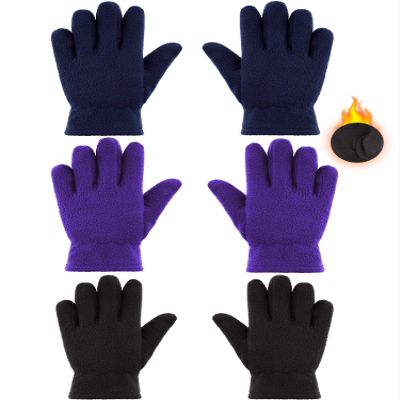 SATINIOR 3 Pairs Winter Fleece Gloves Kids Soft Warm Mitten for Boys Girls Full Fingers Outdoors Activities 5-12 Year(8-12 Years,Black, Purple, Navy Blue)