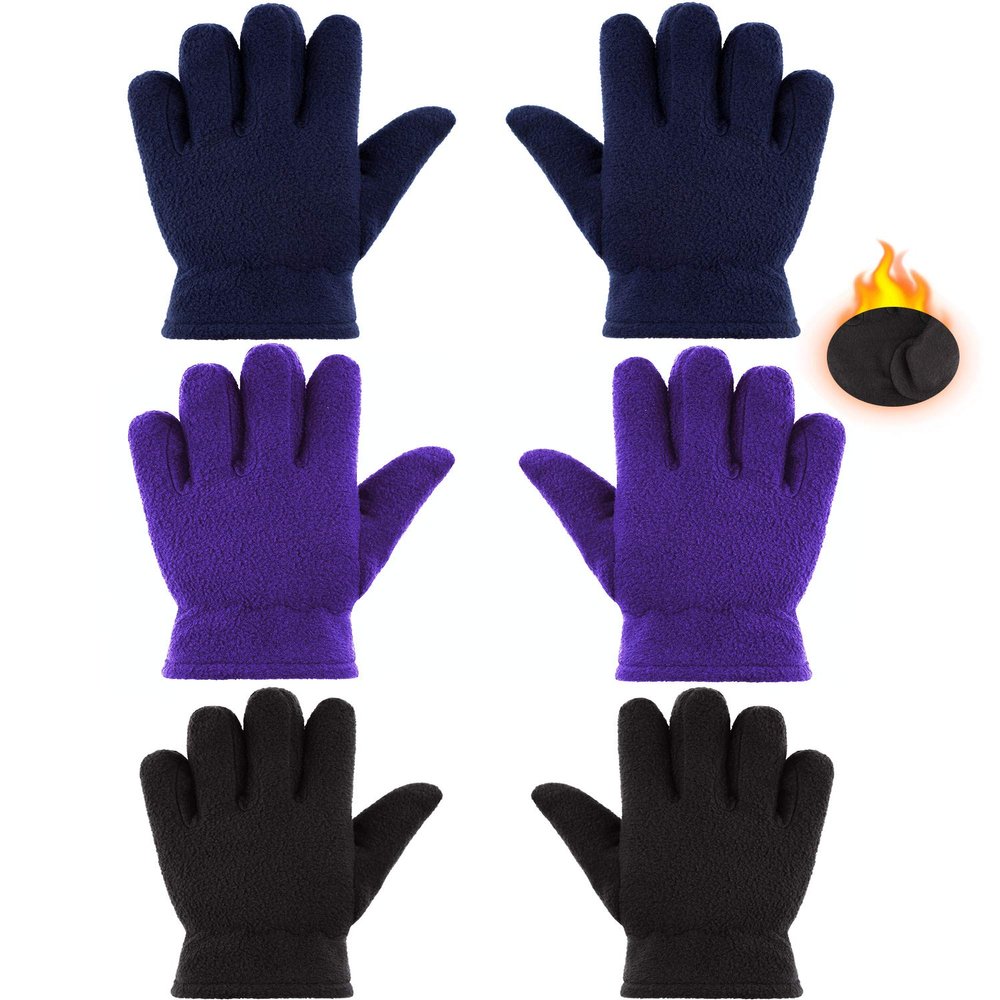 SATINIOR 3 Pairs Winter Fleece Gloves Kids Soft Warm Mitten for Boys Girls Full Fingers Outdoors Activities 5-12 Year(8-12 Years,Black, Purple, Navy Blue)