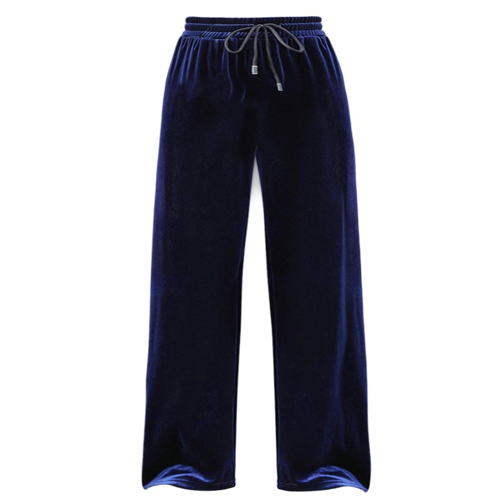 Snoly Women's Casual Pants High Waist Wide Leg Full Length Velvet Velour Sweatpants (Blue, Medium)