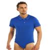 Aislor Men's Turn-Down Collar Short Sleeve Shirt Button Crotch Leotard One Piece Bodysuit Rompers Blue X-Large view 2