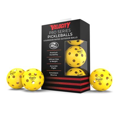 Velocity Outdoor Pickleball Balls, 6 Pack in Yellow - USAPA Approved Official Size and Weight 40 Hole Pickleballs