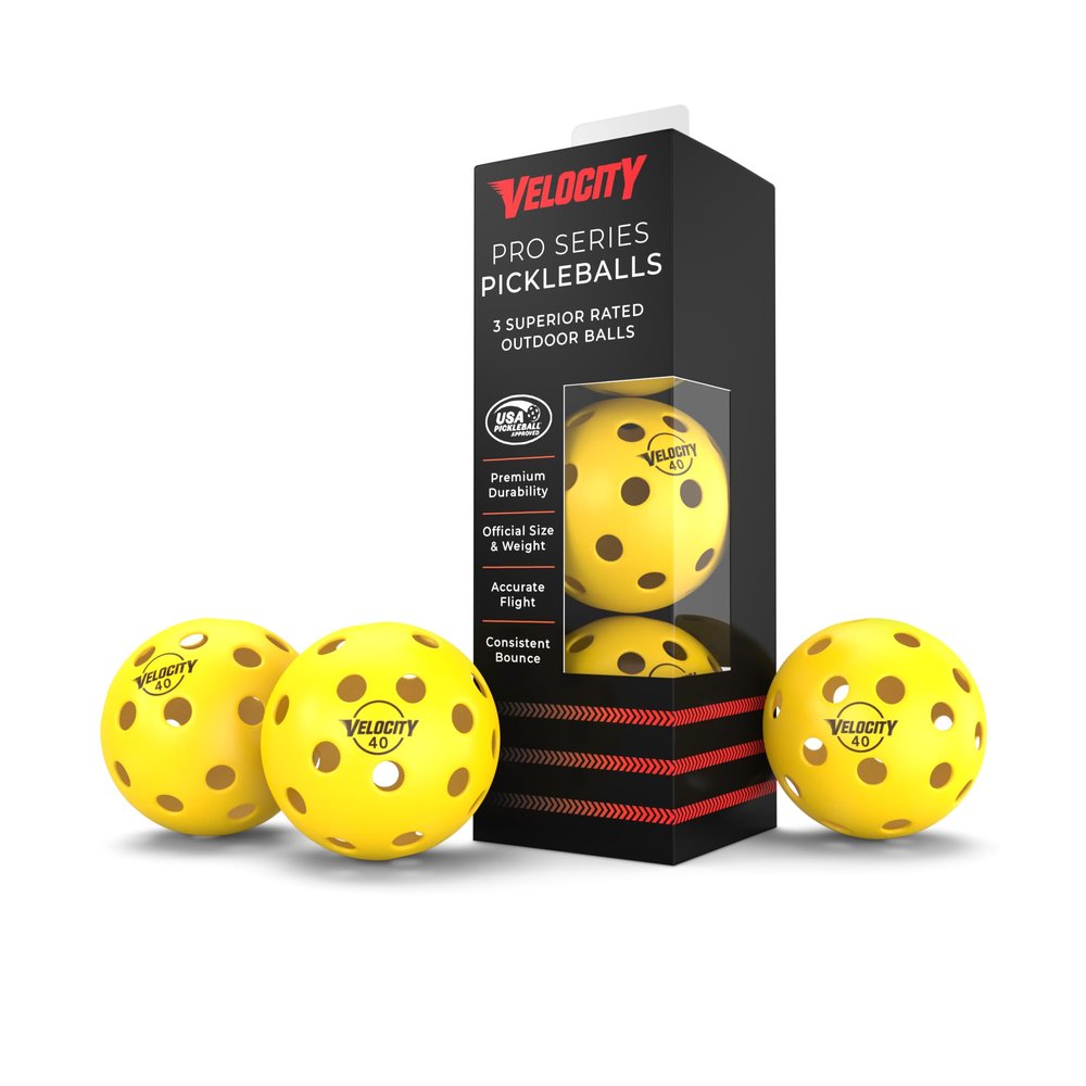 Velocity Outdoor Pickleball Balls, 3 Pack in Yellow - USAPA Approved Official Size and Weight 40 Hole Pickleballs