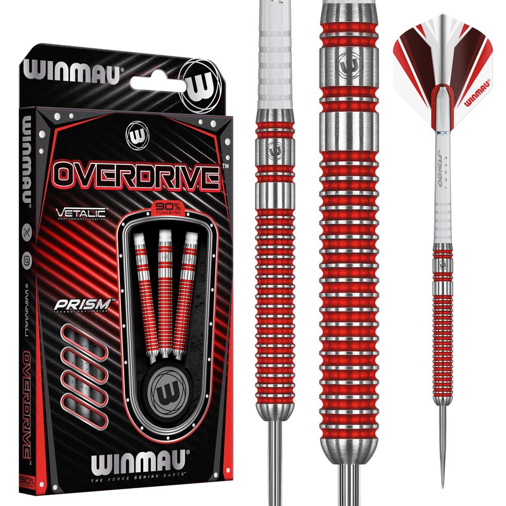 Winmau Overdrive Tungsten Steeltip Darts Set 23g with Prism Flights and Shafts (Stems)
