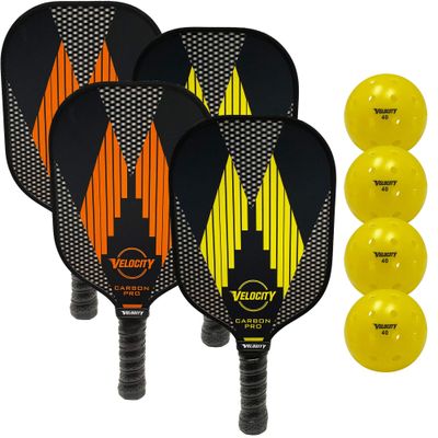Velocity Carbon Graphite 4 Paddle + 4 Pickle Ball Set. Very Light, Responsive & Strong. Honeycomb Inner Core w/a Very Thin Graphite Skin on Exterior. Easy to Hold & Comfortable. Weighs 9.5-10.5 oz.