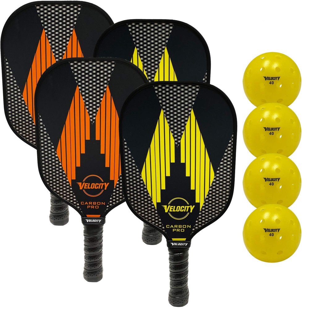 Velocity Carbon Graphite 4 Paddle + 4 Pickle Ball Set. Very Light, Responsive & Strong. Honeycomb Inner Core w/a Very Thin Graphite Skin on Exterior. Easy to Hold & Comfortable. Weighs 9.5-10.5 oz.