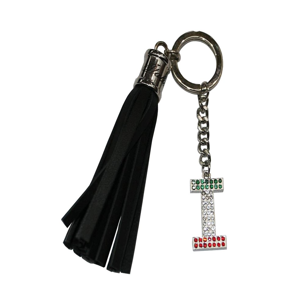 Italian Flag Jeweled I Keychain with Black Leather Tassel Stainless Steel Keyring  Italy Collection of Key Rings & Fobs